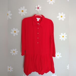 Cynthia Rowley Red Linen-Blend Button-Front Drop Waist Bubble Skirt Shirt Dress